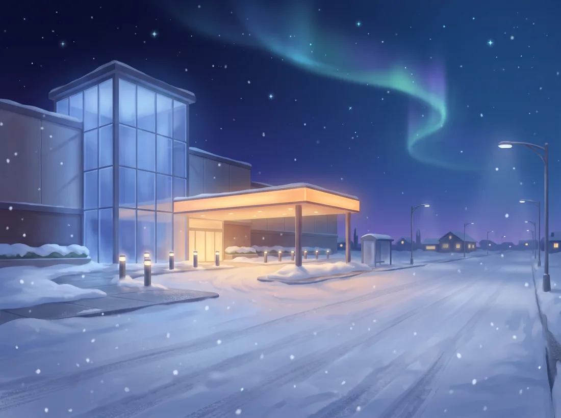 Stylised night illustration of a glass-fronted entertainment building on a wide snowy city street, its entrance canopy glowing warm under a starry sky.